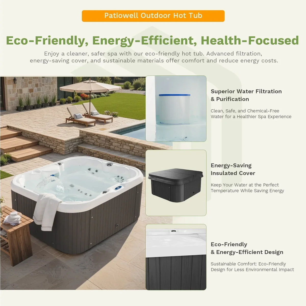Nouveauté 2026 – Spa extérieur Patiowell 2 places , 41 jets de massage, éclairage LED, système de purification d'eau intégré, 900 L, noir
