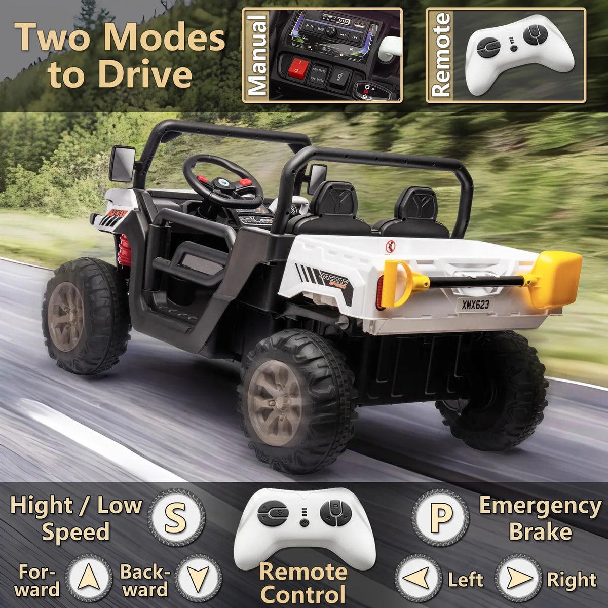 Nouveauté 2026 – Camion électrique Xuanlur 24V 2 places pour enfants , avec moteur 2x200W, benne basculante/pelle, pneus résistants, lumières LED, musique et télécommande, noir
