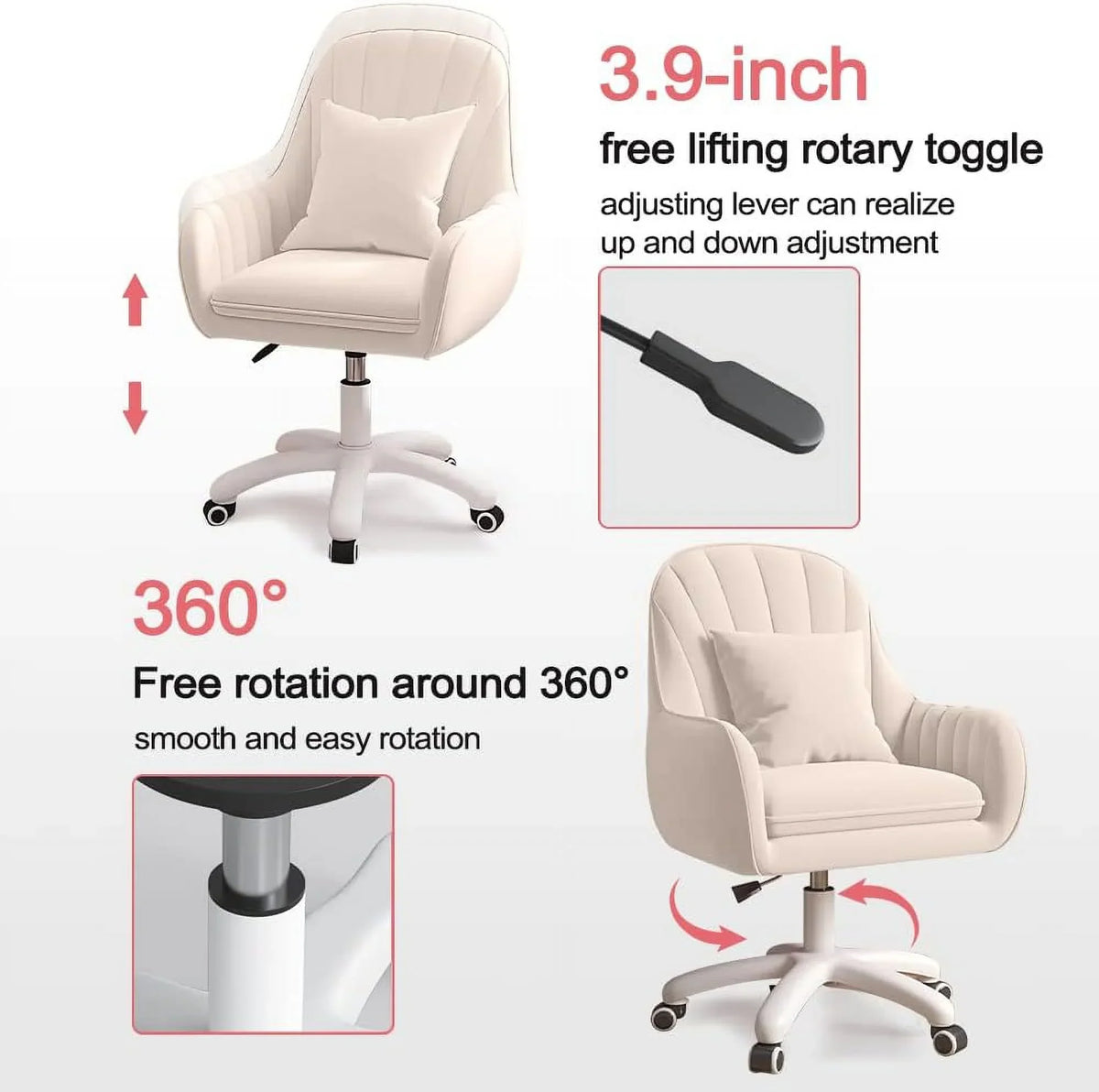 Nouveauté 2026 – Fauteuil de bureau Home , chaise d'ordinateur avec dossier mi-haut capitonné, style moderne, pivotante et réglable en hauteur, en velours blanc