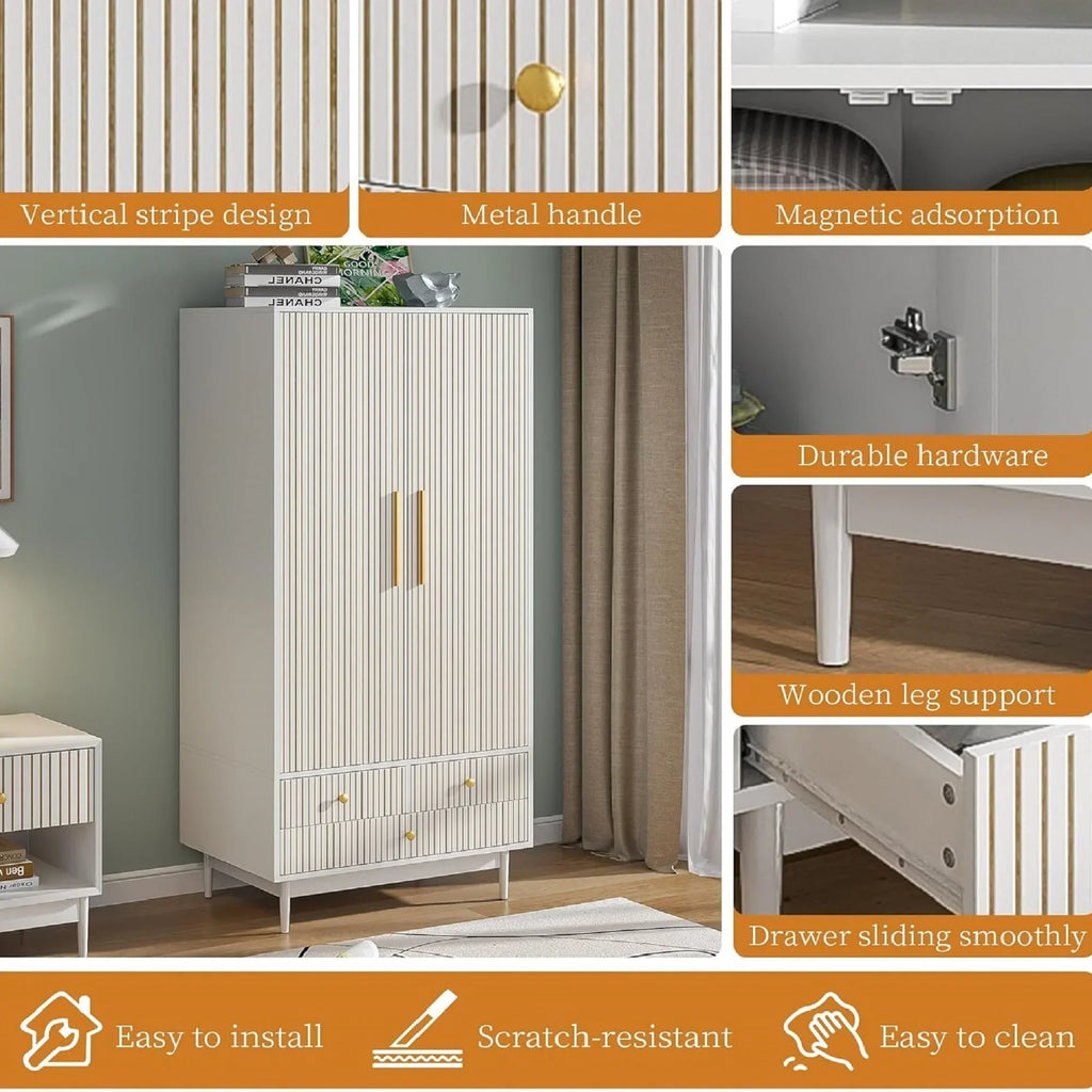 Nouveauté 2026 – Armoire-penderie Armoire à 2 portes, avec penderie et tiroirs, en bois blanc, idéale pour la chambre à coucher