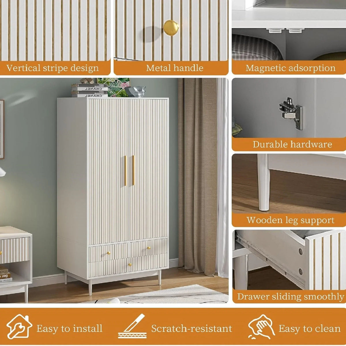 Nouveauté 2026 – Armoire-penderie Armoire à 2 portes, avec penderie et tiroirs, en bois blanc, idéale pour la chambre à coucher