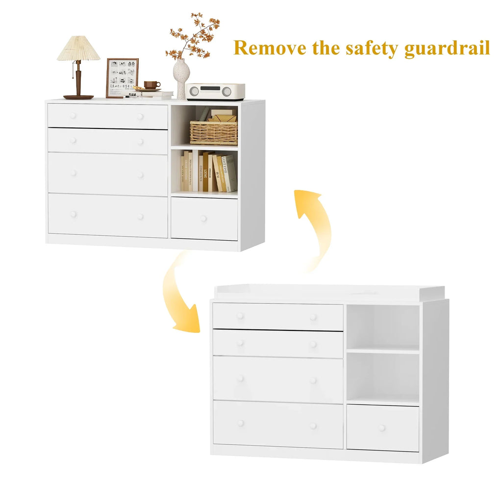 Nouveauté 2026 – Table à langer/commode pour chambre de bébé OXYLIFE , 114 cm (45 po), avec 4 tiroirs et une étagère, blanche