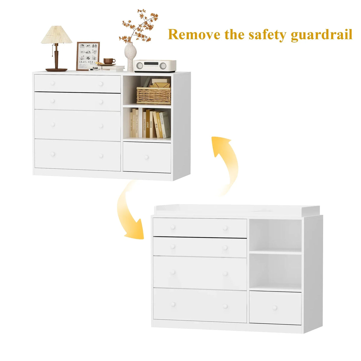 Nouveauté 2026 – Table à langer/commode pour chambre de bébé OXYLIFE , 114 cm (45 po), avec 4 tiroirs et une étagère, blanche