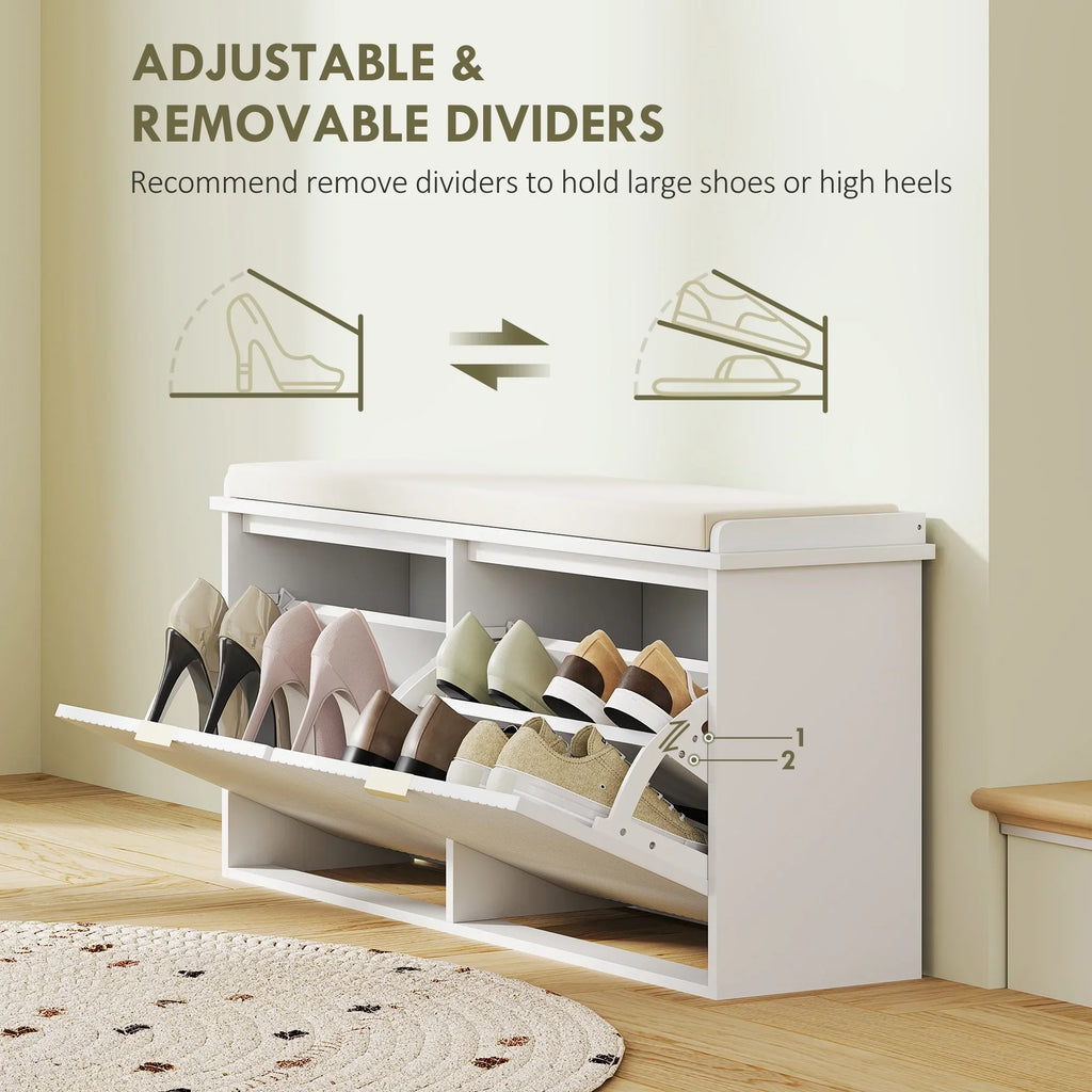 Nouveauté 2026 – Banc à chaussures HOMCOM avec assise rembourrée et tiroir rabattable, supportant jusqu'à 240 kg, 104 x 26 x 48 cm, noir