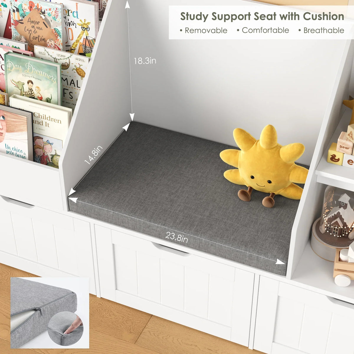 Nouveauté 2026 – Bibliothèque pour enfants Homfa avec coin lecture et 3 tiroirs amovibles, bibliothèque à 2 cubes avec étagères à livres à 4 niveaux, rangement pour jouets et jouets, idéale pour la chambre ou la salle de jeux, blanche