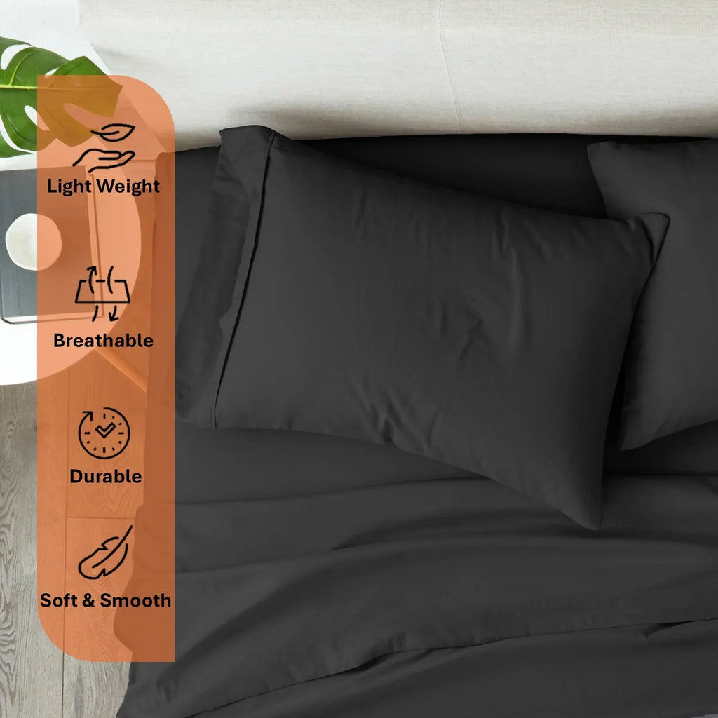 Nouveauté 2026 – Parure de lit 4 pièces en coton égyptien Giza 100 % (600 fils/cm²), drap-housse à bonnet profond de 38 cm, satin doux et respirant - Noir, 1 place