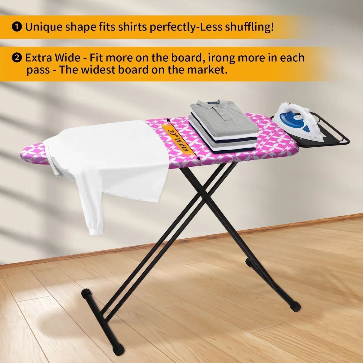 Nouveauté 2026 – Planche à repasser extra large KDJ HOME Slieton avec barre de suspension, 51 cm de large (20 pouces