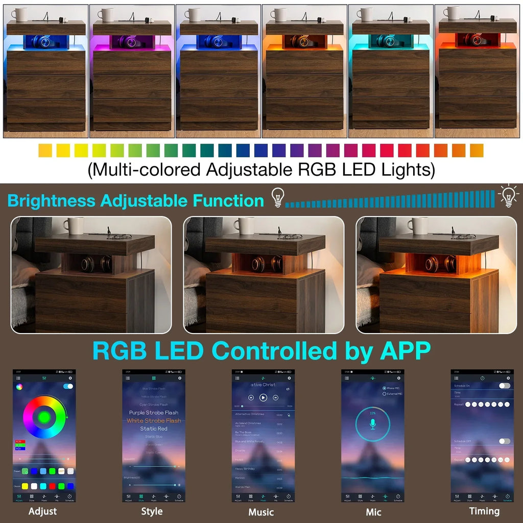 Nouveauté 2026 – Table de chevet LED Hommpa avec station de charge sans fil, ports USB Type-C, 3 tiroirs, finition laquée noire, style moderne et élégant, hauteur 68 cm (26,8 pouces). Idéale pour la chambre à coucher