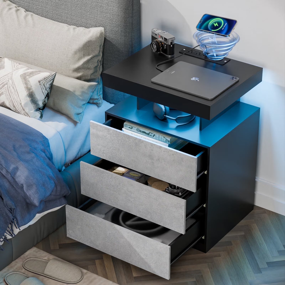 Nouveauté 2026 – Table de chevet LED Hommpa avec station de charge sans fil, ports USB Type-C, 3 tiroirs, finition laquée noire, style moderne et élégant, hauteur 68 cm (26,8 pouces). Idéale pour la chambre à coucher