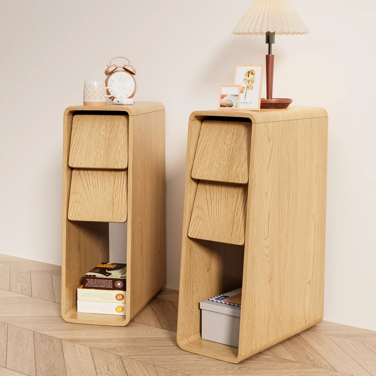 Nouveauté 2026 – Ensemble de 2 tables de chevet étroites Narrow avec tiroirs, table d'appoint fine cannelée avec rangement pour petits espaces