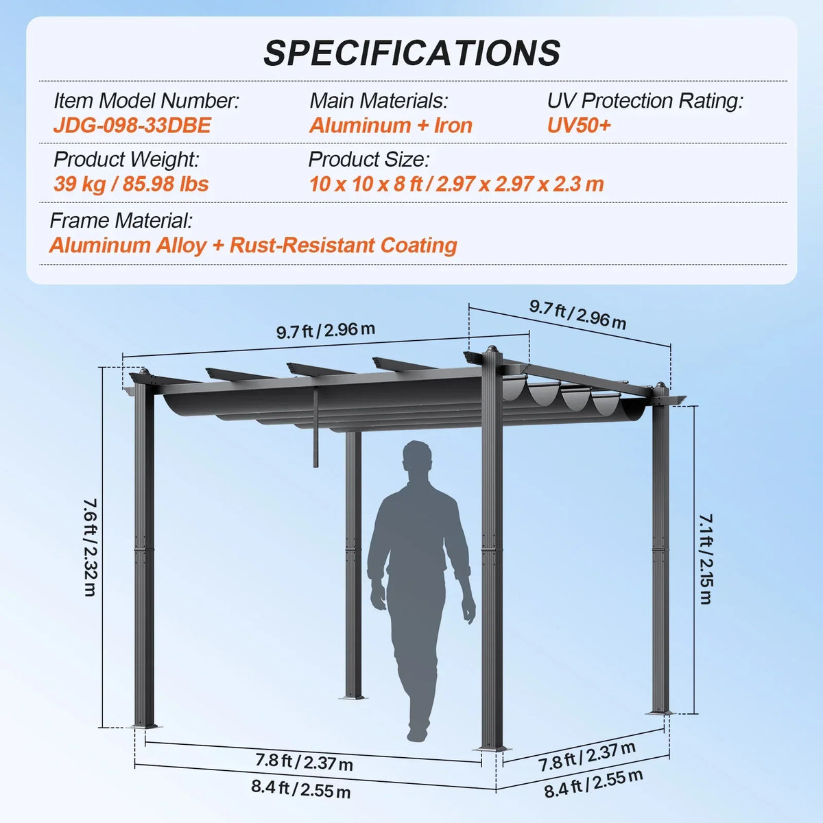 Nouveauté 2026 – Pergola en aluminium KFFKFF 3 m x 3 m, avec auvent rétractable, idéale pour patio, jardin, terrasse et cour arrière - Gris