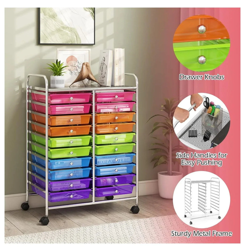 Nouveauté 2026 – Chariot de rangement à 20 tiroirs avec roulettes, semi-transparent, mobile, pour l'école, la salle de classe, le bureau, la maison, le salon, le rangement pour dossiers, scrapbooking et loisirs créatifs