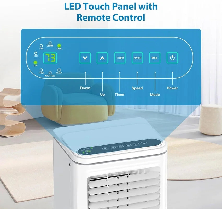 Nouveauté 2026 – Climatiseur portable 10000 BTU, 4 en 1 (refroidissement/déshumidification/ventilation) avec télécommande, commandes tactiles LED, minuterie 24 h et kit de fixation pour fenêtre. Ce climatiseur rafraîchit des pièces jusqu'à 450 pi² (e
