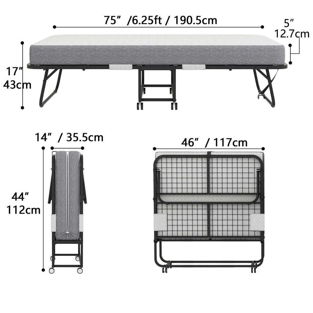 Nouveauté 2026 – Lit pliant Flying avec matelas, format 190 x 79 cm, lit d'appoint pliable et portable pour adultes, avec matelas en mousse à mémoire de forme de 13 cm, structure métallique robuste et peu encombrante