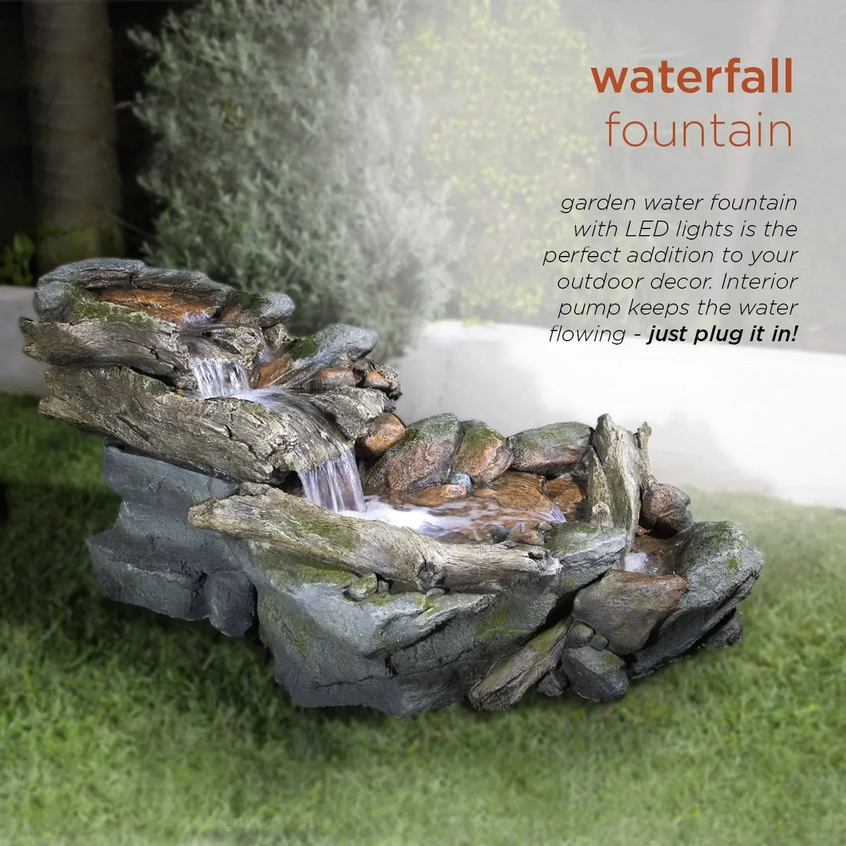 Nouveauté 2026 – Fontaine d'extérieur à 3 niveaux en pierre de forêt tropicale avec éclairage LED, Alpine Corporation