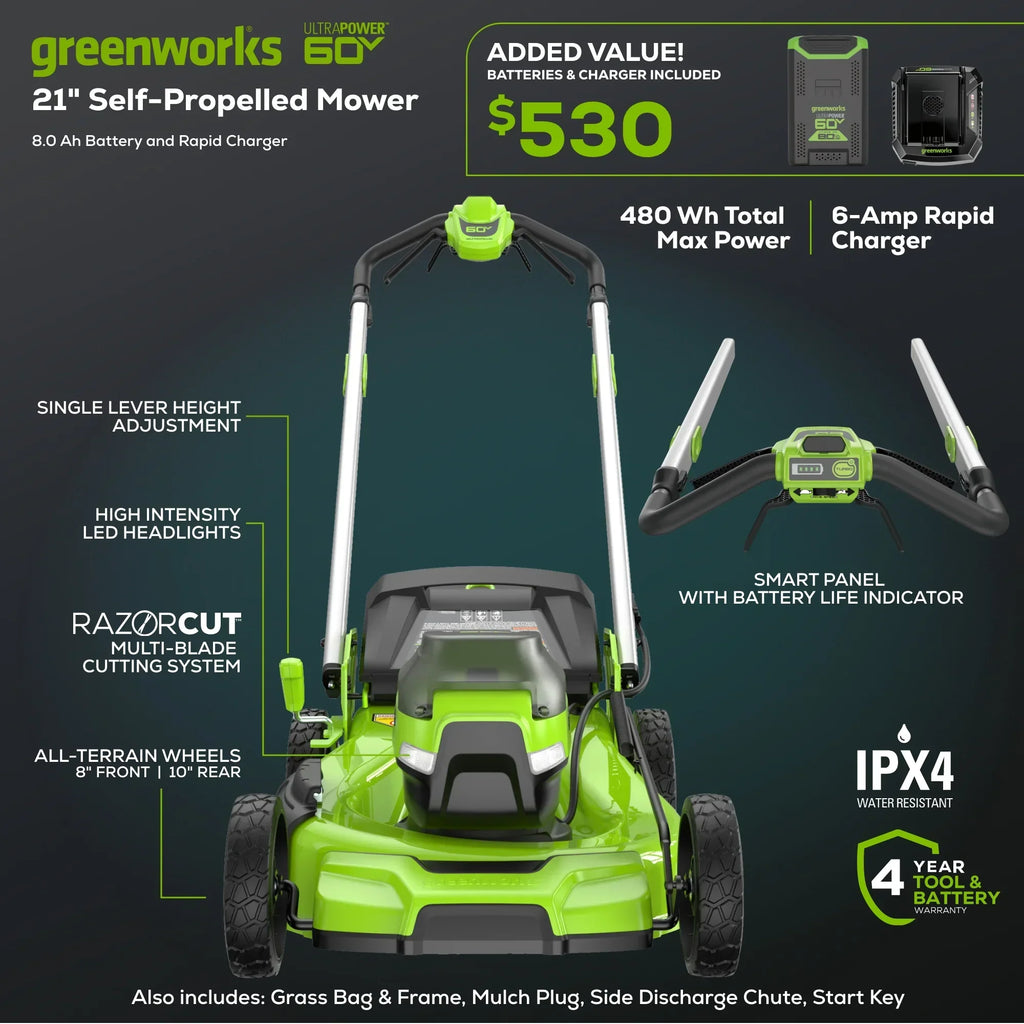 Nouveauté 2026 – Tondeuse à gazon autotractée Greenworks 60V 21" avec (1) batterie 8,0 Ah et chargeur rapide 2546402
