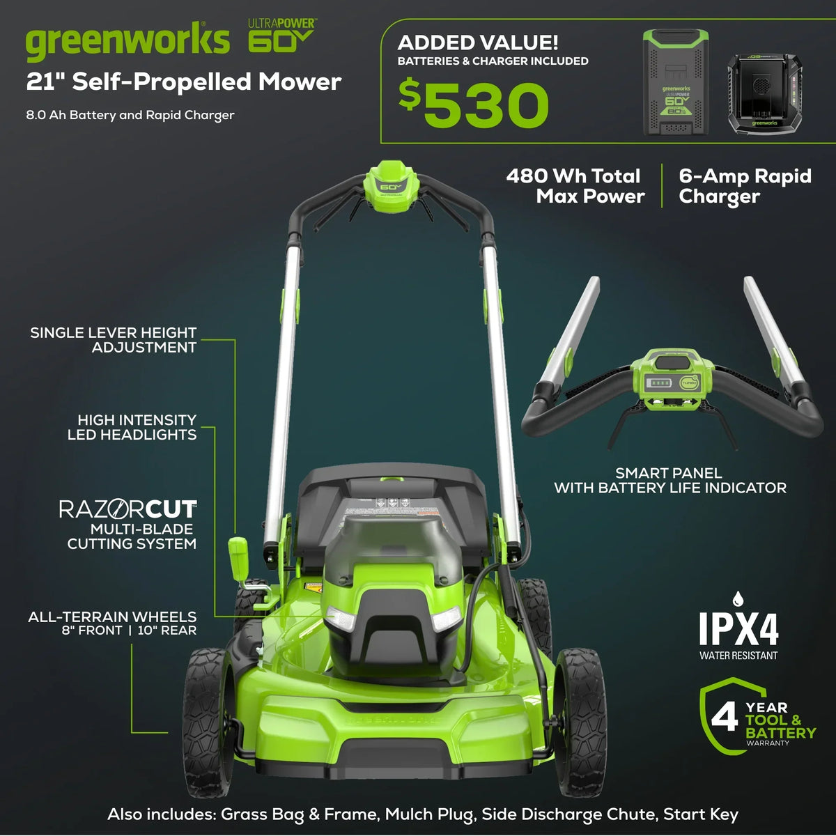Nouveauté 2026 – Tondeuse à gazon autotractée Greenworks 60V 21" avec (1) batterie 8,0 Ah et chargeur rapide 2546402