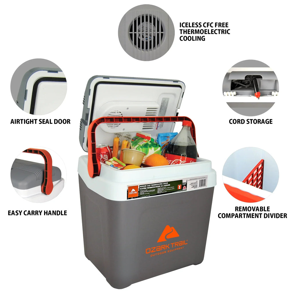 Nouveauté 2026 – Glacière électrique Ozark Trail 26QT 12V portable pour les voyages, la plage, le camping et les pique-niques, isotherme, 30 canettes, sans glace, 24 L, grise