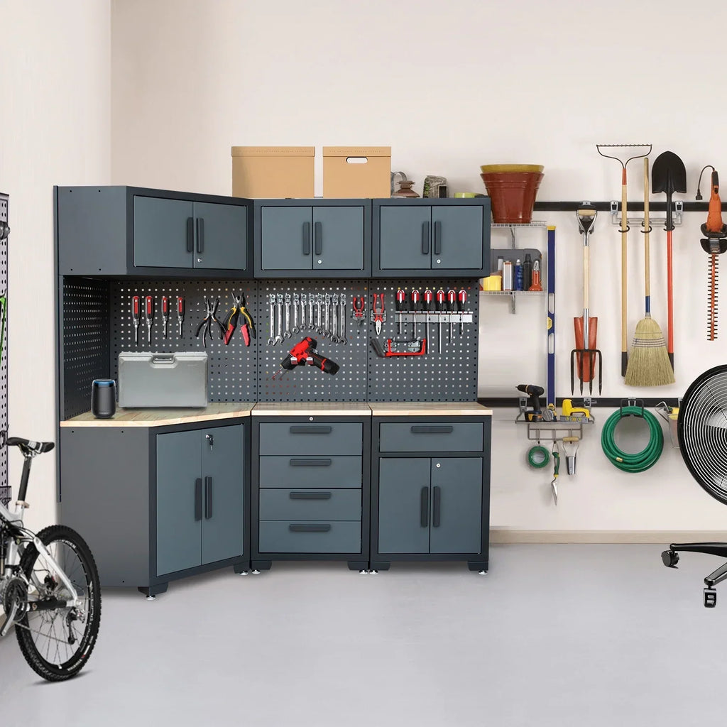Nouveauté 2026 – Système d'armoires de rangement pour garage HPDMC , ensemble d'atelier 7 pièces comprenant des armoires métalliques, des tiroirs en acier, un établi et un panneau perforé pour l'organisation des outils de garage