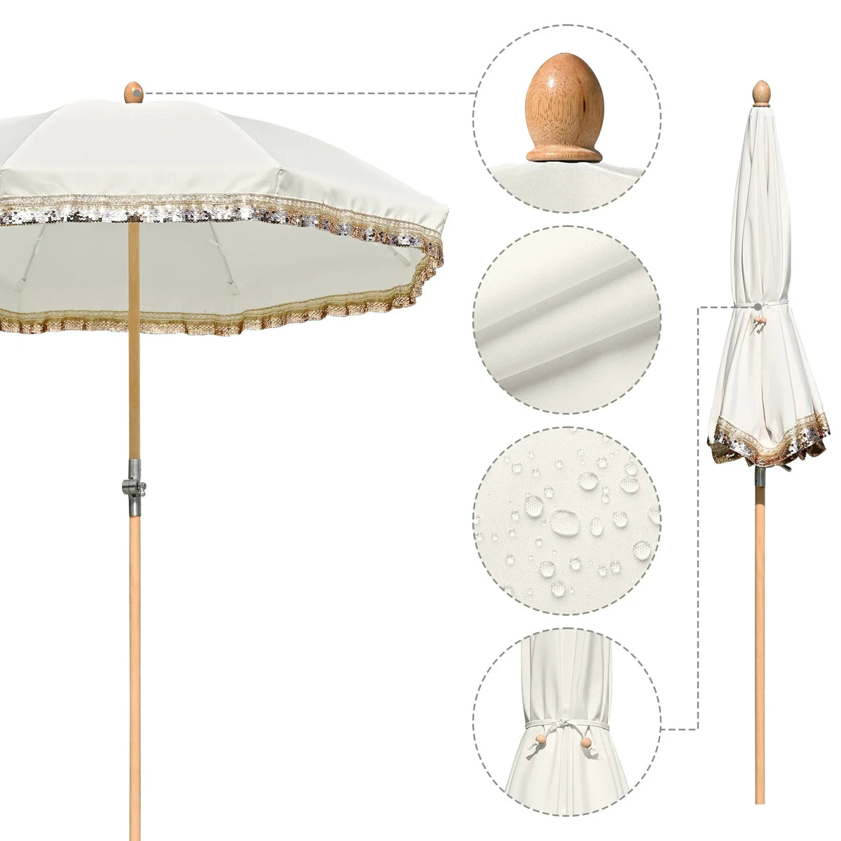 Nouveauté 2026 – Parasol de terrasse LAGarden de 1,8 m à franges et pompon, style Jazz Age, en bois, protection UPF50+, beige avec pompon doré, modèle : JZ6-01