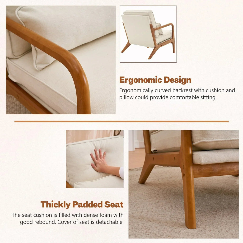 Nouveauté 2026 – Fauteuil de lecture Accent Chairs , fauteuil lounge en lin avec structure en bois massif, style moderne du milieu du siècle, montage facile, pour salon - Beige