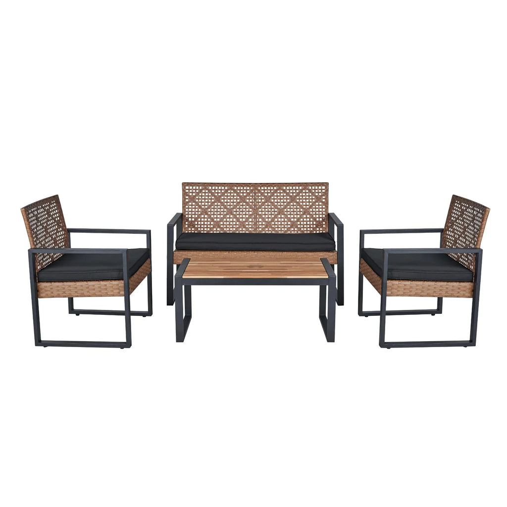 Nouveauté 2026 – Ensemble de mobilier de patio robuste , ensemble de conversation d'extérieur sectionnel 4 pièces, ensemble de canapé de patio en rotin PE marron avec coussins bleus
