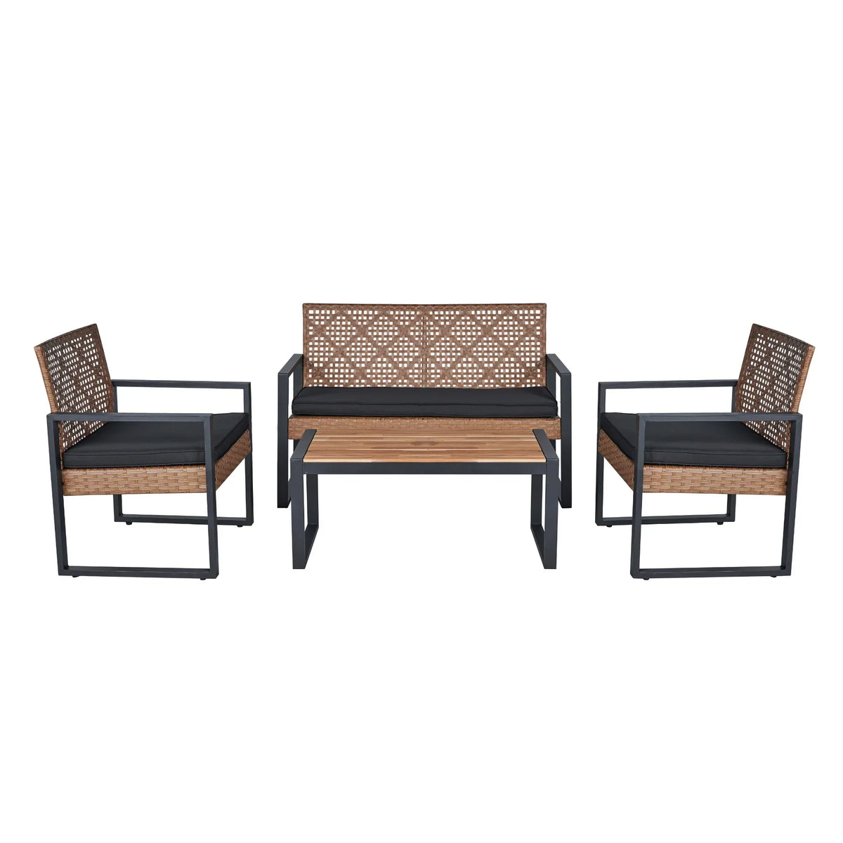 Nouveauté 2026 – Ensemble de mobilier de patio robuste , ensemble de conversation d'extérieur sectionnel 4 pièces, ensemble de canapé de patio en rotin PE marron avec coussins bleus