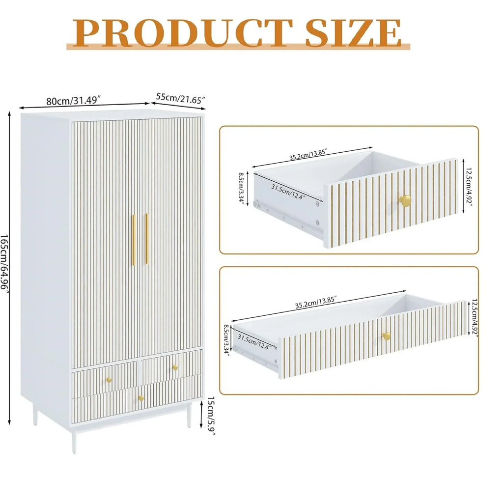 Nouveauté 2026 – Armoire-penderie Armoire à 2 portes, avec penderie et tiroirs, en bois blanc, idéale pour la chambre à coucher