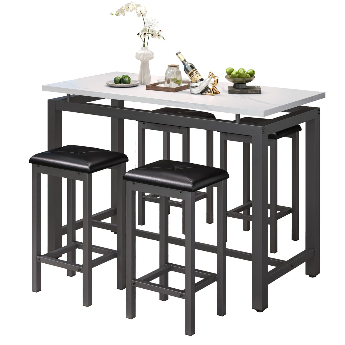 Nouveauté 2026 – Ensemble de table haute 5 places , table de bar et tabourets assortis, table à manger minimaliste avec tabourets sans dossier, ensemble table et chaises de bar avec plateau en bois pour cuisine, appartement ou bistrot - Gain de place