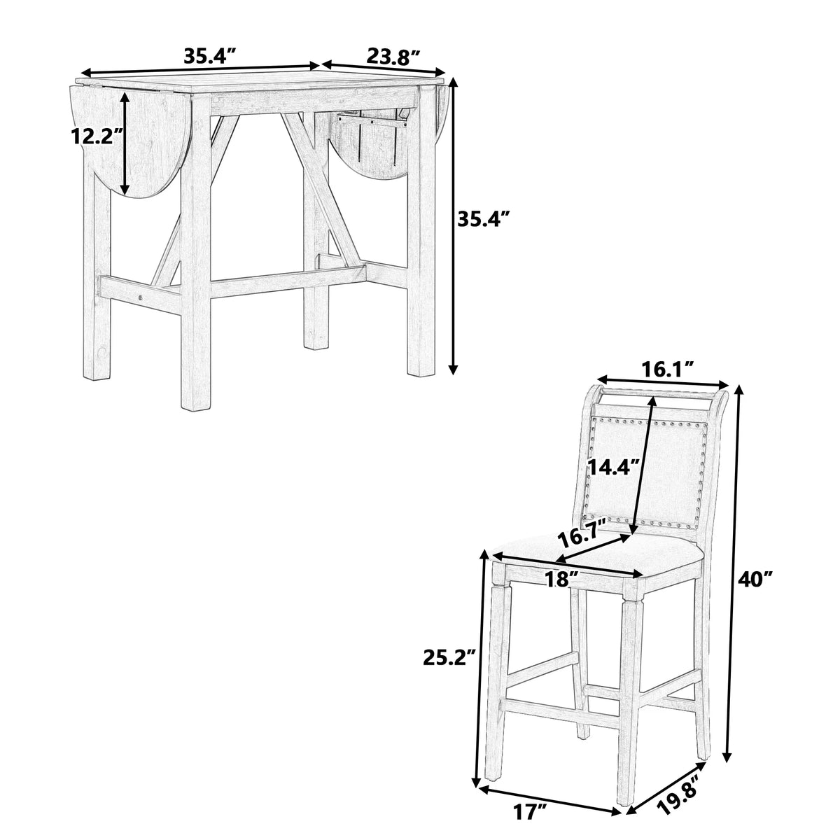 Nouveauté 2026 – Ensemble de salle à manger pliant 3 pièces en bois Harper & Bright Designs : table à abattants et 2 chaises de bar rembourrées, idéal pour les petits espaces, marron