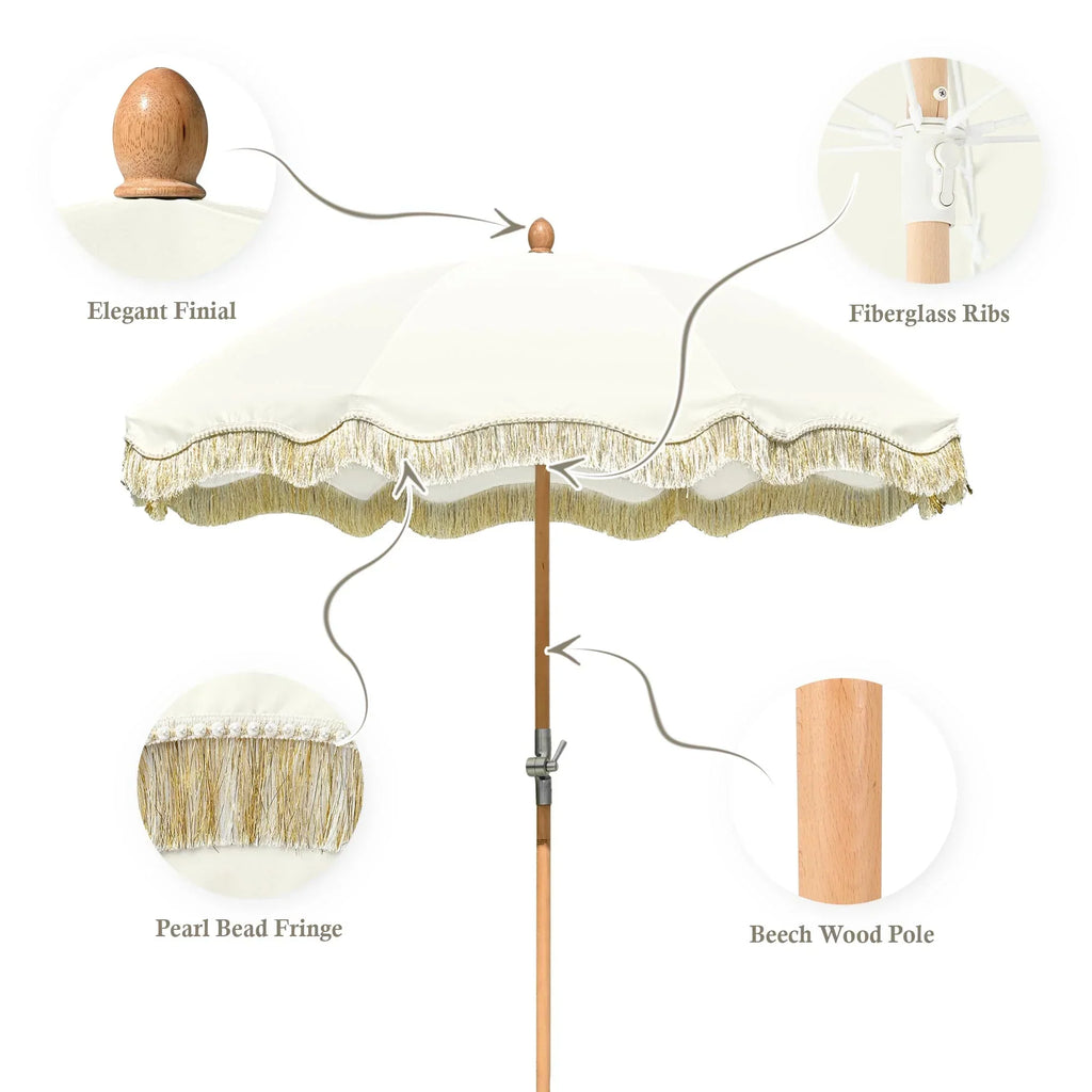 Nouveauté 2026 – Parasol de terrasse LAGarden de 1,8 m à franges et pompon, style Jazz Age, en bois, protection UPF50+, beige avec pompon doré, modèle : JZ6-01