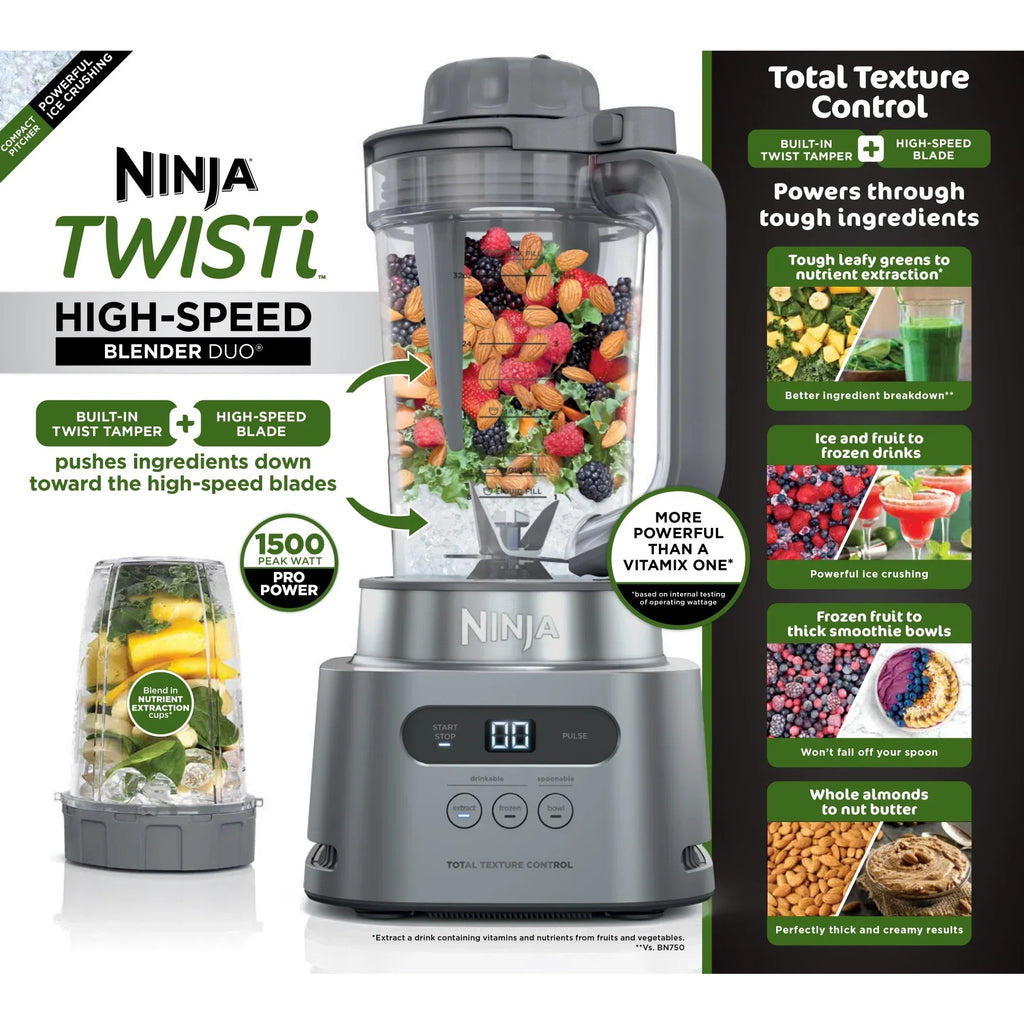Nouveauté 2026 – Ninja Twisti, Blender haute vitesse Duo, 3 programmes Auto-iQ préréglés, pichet d'une capacité de 1 litre, SS150