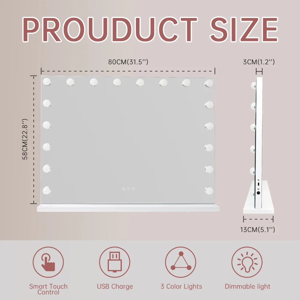 Nouveauté 2026 – Miroir de courtoisie Fenchilin , 81 x 58 cm, avec éclairage, chargement USB, à poser ou à fixer au mur, en métal blanc