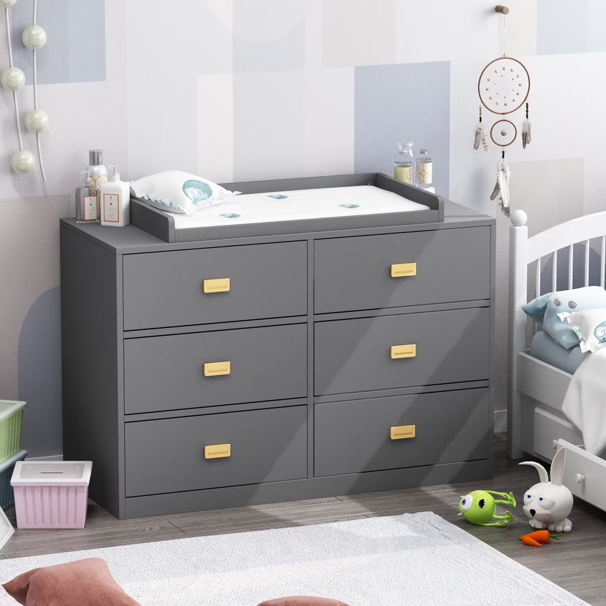 Nouveauté 2026 – Table à langer/commode pour chambre de bébé OXYLIFE , 114 cm (45 po), avec 4 tiroirs et une étagère, blanche