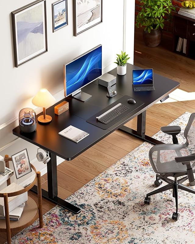 Nouveauté 2026 – Bureau assis-debout électrique UANUO , 122 x 61 cm, hauteur réglable, crochets pour casque et système de gestion des câbles, idéal pour le télétravail ou le bureau à domicile, marron vintage