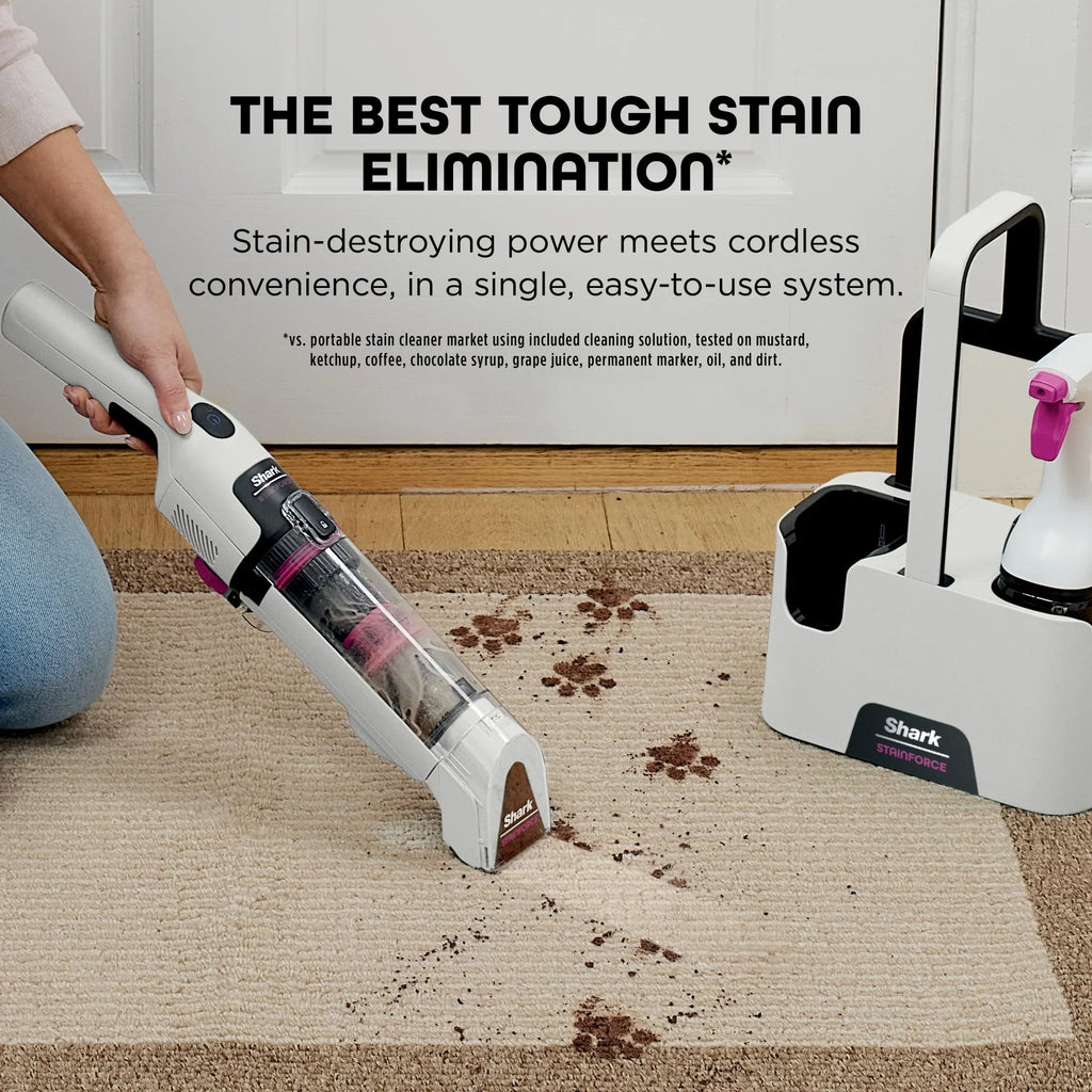 Nouveauté 2026 – Système portable sans fil Shark StainForce pour éliminer les taches et les odeurs sur les tapis, moquettes, tissus d'ameublement, escaliers et voitures, avec panier de rangement et solution de nettoyage pleine grandeur, blanc, HX100