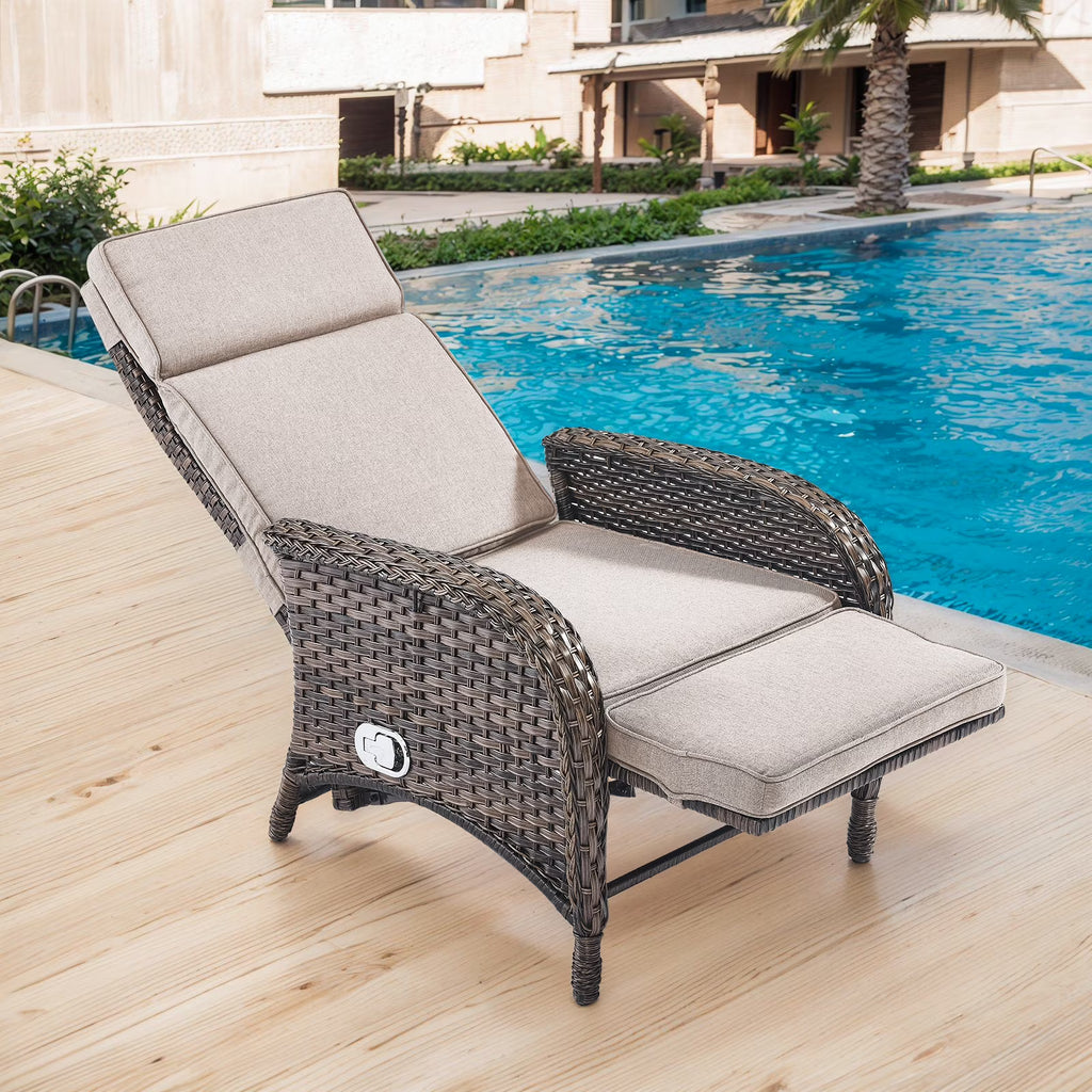 Nouveauté 2026 – Fauteuil inclinable d'extérieur OPOHORO , chaise longue de patio inclinable réglable avec coussin, en osier, avec dossier et repose-pieds réglables, idéal pour le bord de la piscine, beige