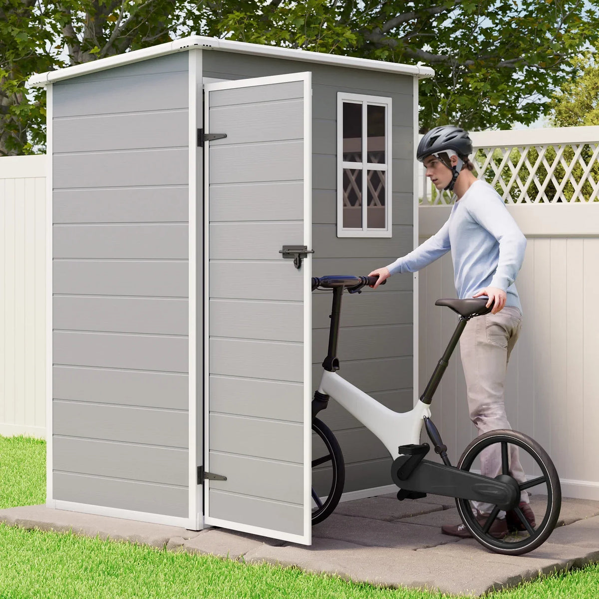 Nouveauté 2026 – Abri de jardin , 1,5 m x 0,9 m, armoire de rangement extérieure Lofka en résine avec double porte verrouillable, abri à outils étanche, gris