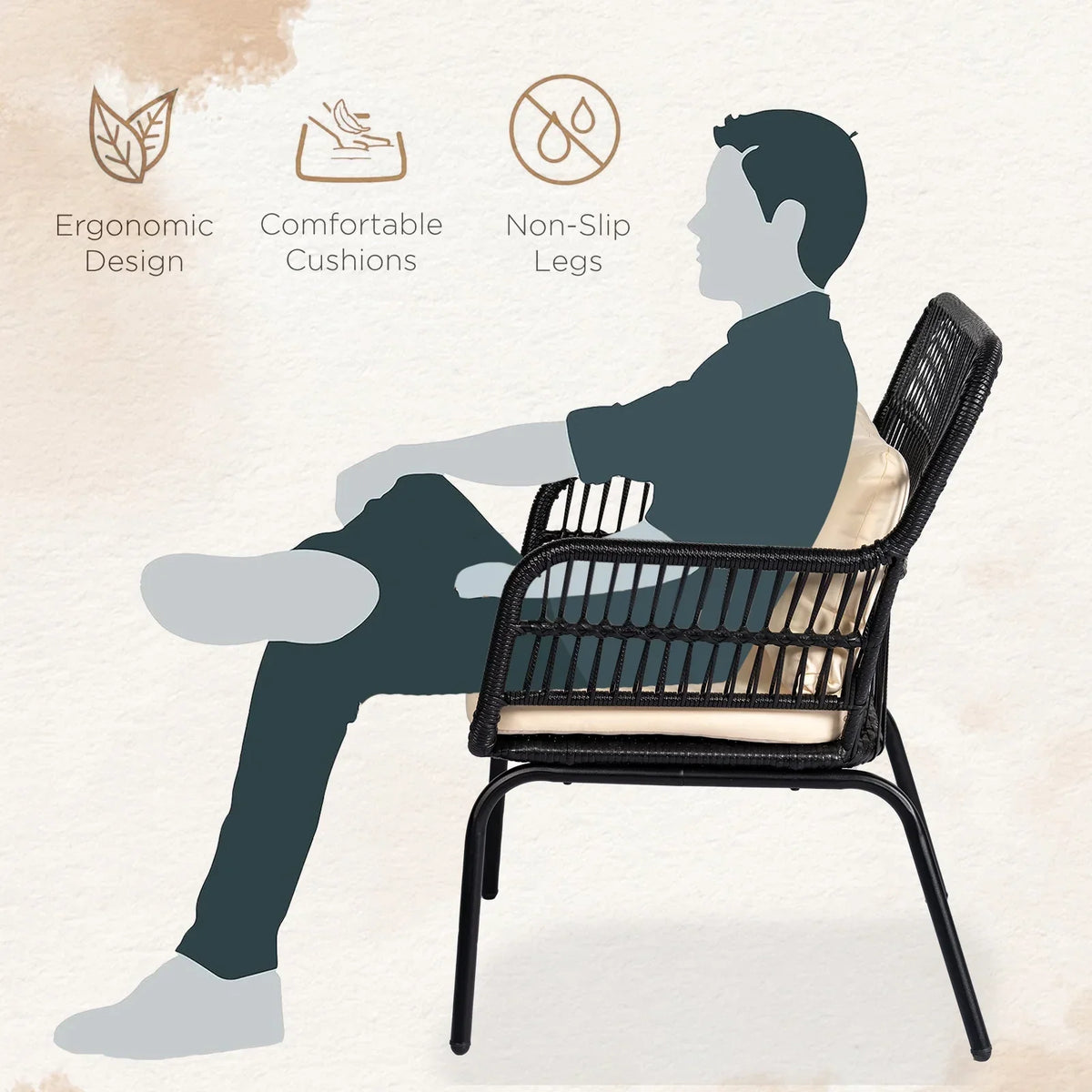 Nouveauté 2026 – Ensemble bistro de conversation 3 pièces Tappio pour patio, mobilier de jardin en rotin, table basse en verre et coussins, jaune/beige, idéal pour le jardin, le balcon, la terrasse ou la piscine