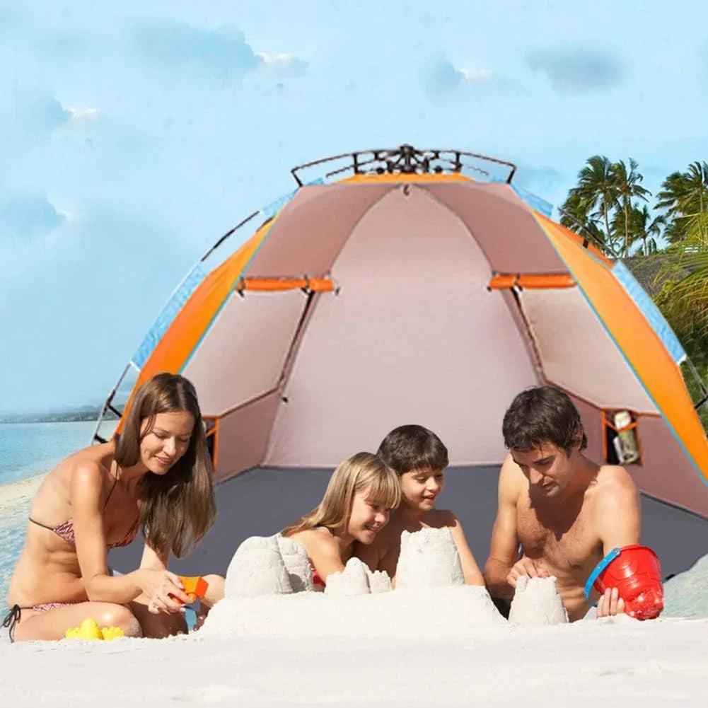 Nouveauté 2026 – Tente de plage 4 personnes X-Large - Abri solaire portable et instantané avec sac de transport, piquets, 6 poches à sable, protection UV, idéale pour la pêche, la randonnée et le camping. Imperméable et coupe-vent. Couleur orange