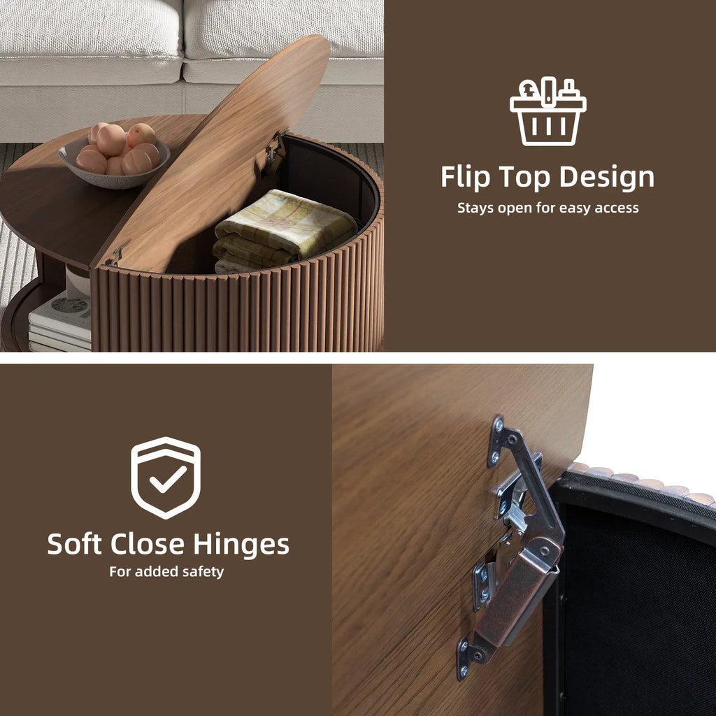 Nouveauté 2026 – Table basse ronde JOINICE avec rangement et porte coulissante, table centrale en bois de style moderne du milieu du siècle, pour salon, noyer