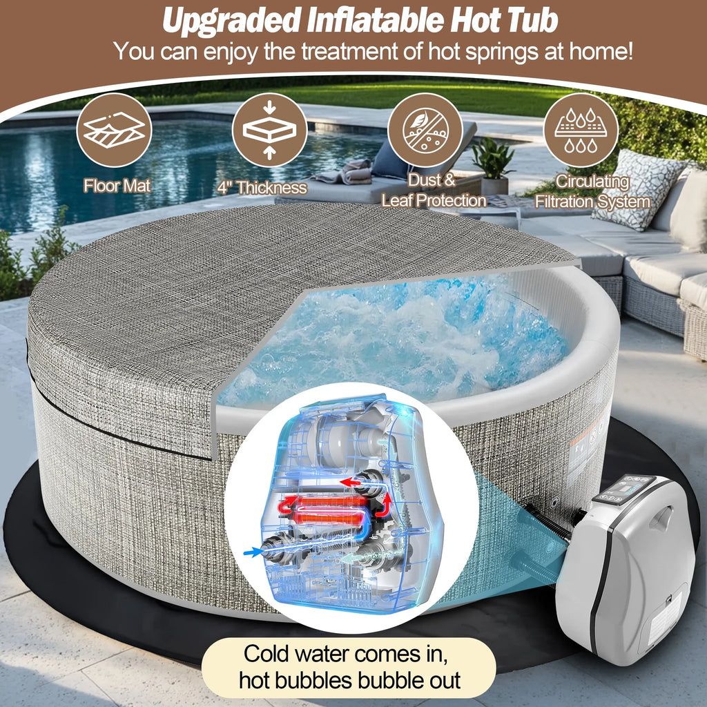 Nouveauté 2026 – Ensemble de mobilier de jardin Round pour spa , canapé d'angle en rotin avec mini-canapé, rangement pour spa en bois d'acacia massif, coussins gris