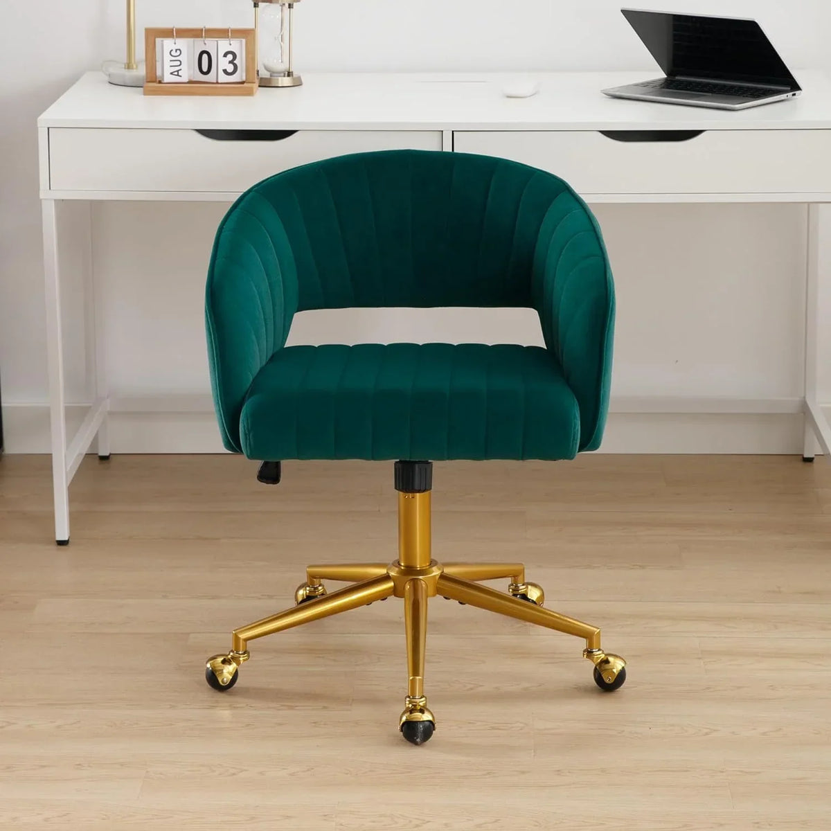 Nouveauté 2026 – Chaise de bureau Westice , chaise de travail en velours, chaise pivotante réglable en hauteur avec base dorée, idéale pour coiffeuse, bureau, salon ou salle informatique, beige