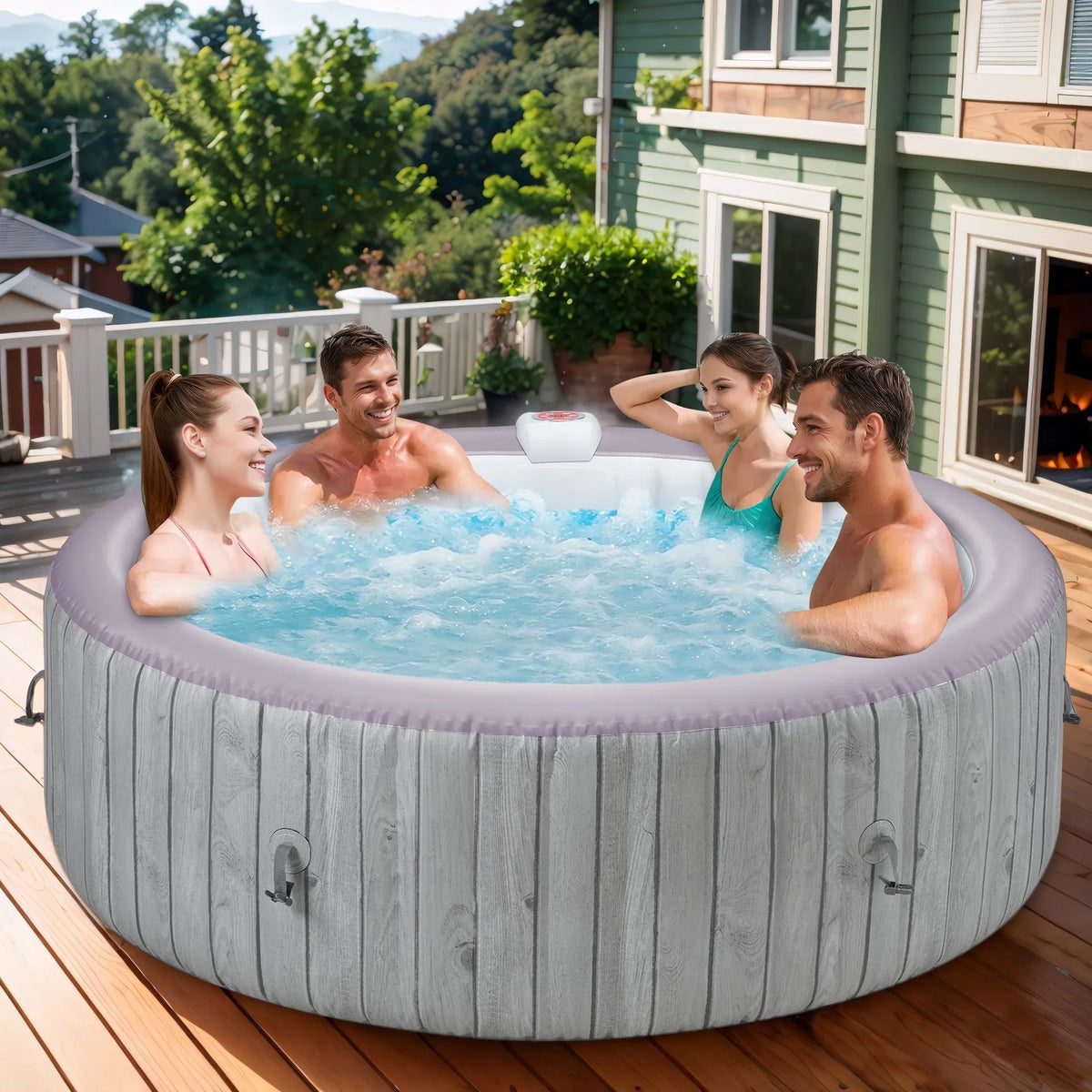 Nouveauté 2026 – Ensemble de mobilier de jardin Round pour spa , canapé d'angle en rotin avec mini-canapé, rangement pour spa en bois d'acacia massif, coussins gris