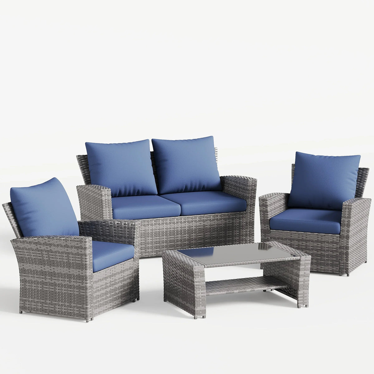 Nouveauté 2026 – Ensemble de mobilier de patio en résine tressée UDPATIO , ensemble de conversation d'extérieur 4 pièces, canapé de patio en rotin PE gris pour balcon, porche, jardin, gris