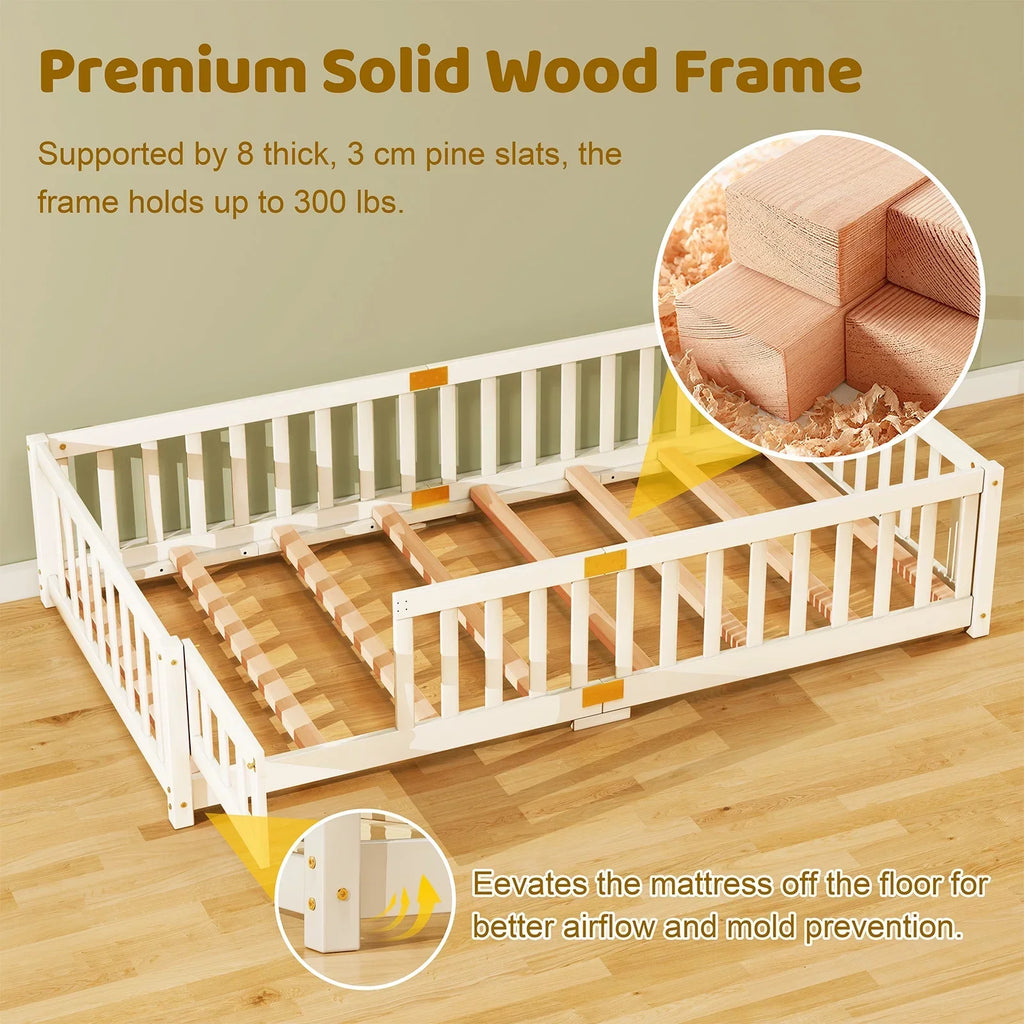 Nouveauté 2026 – Lit de sol Montessori pour tout-petits (taille jumelle), cadre de lit en bois massif avec barrière et porte, pour filles et garçons