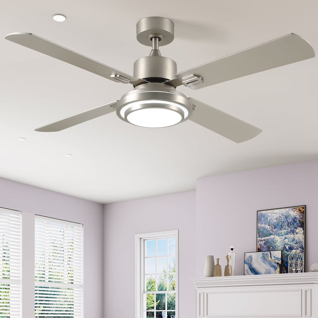 Nouveauté 2026 – Ventilateur de plafond Dextrus 52'' avec lumière et télécommande, 6 vitesses, 5 réglages de minuterie et pales à double finition (nickel