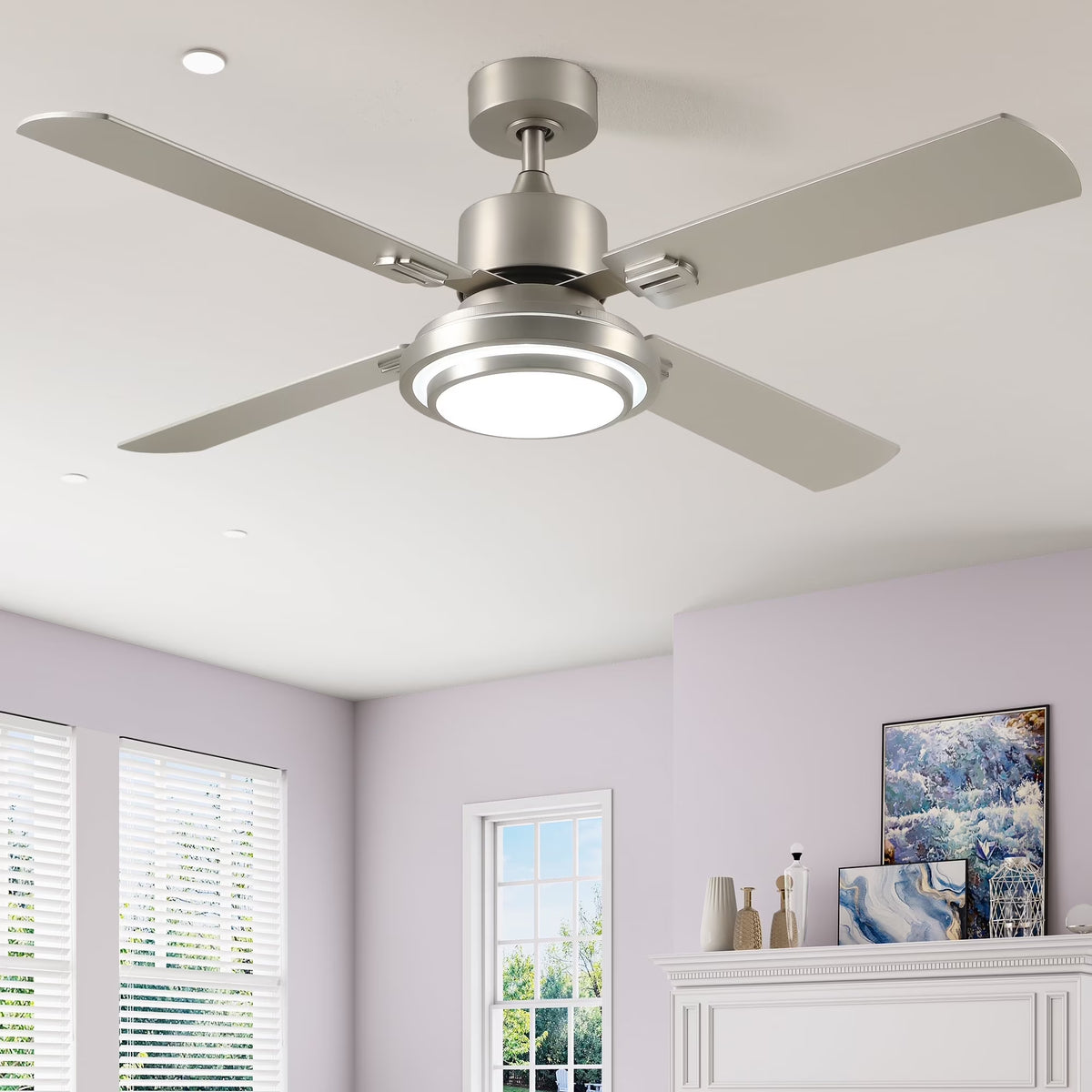 Nouveauté 2026 – Ventilateur de plafond Dextrus 52'' avec lumière et télécommande, 6 vitesses, 5 réglages de minuterie et pales à double finition (nickel