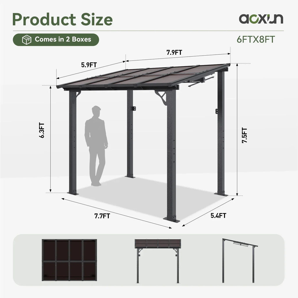 Nouveauté 2026 – Gazebo Aoxun de 2,4 m x 1,5 m pour patio, pergola avec toit incliné, grand auvent mural robuste pour barbecue, idéal pour jardin, terrasse ou patio