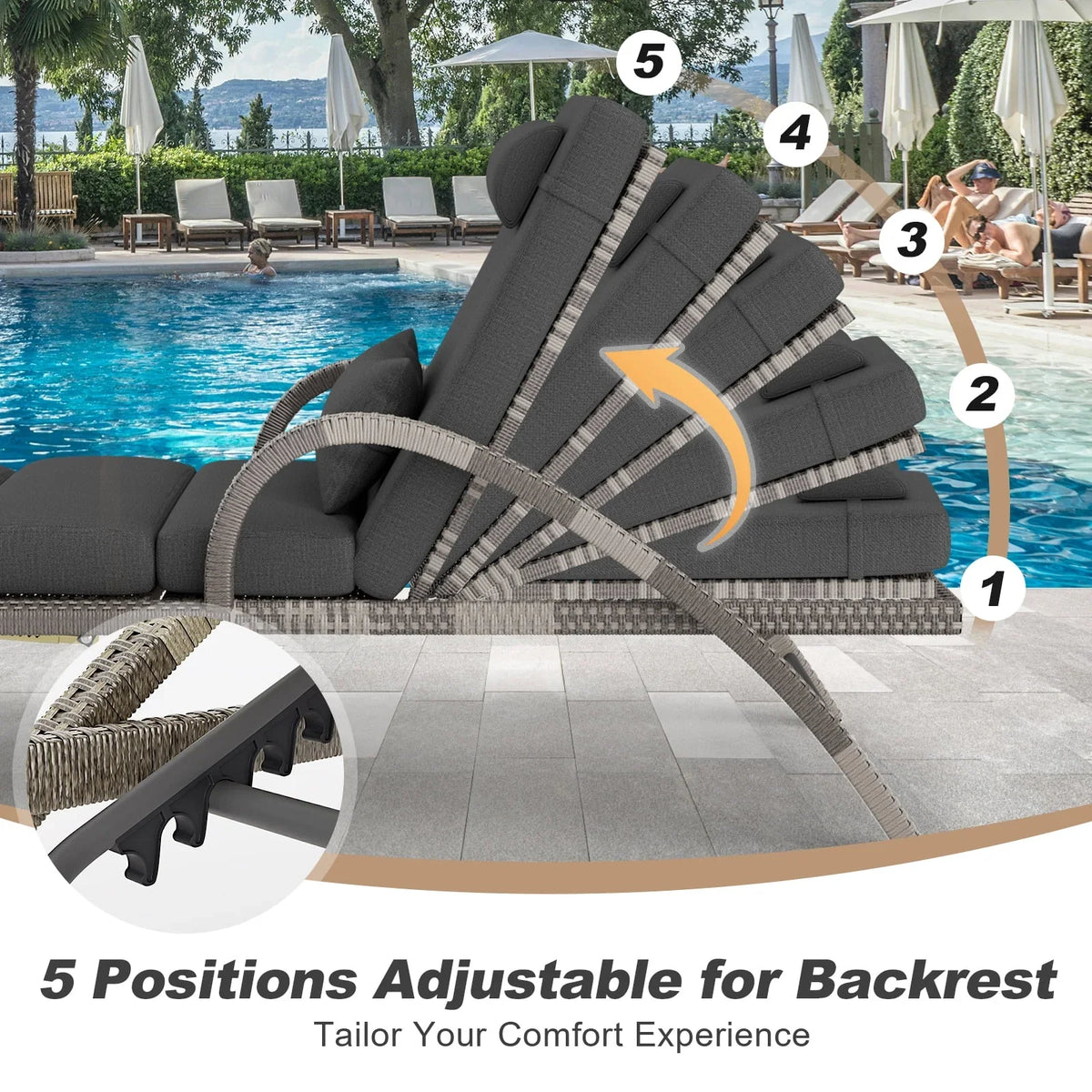 Nouveauté 2026 – MEISSALIVVE Ensemble de 4 chaises longues d'extérieur, chaises de piscine avec dossier réglable à 5 positions, chaise longue en rotin PE pour terrasse, porche et jardin (gris